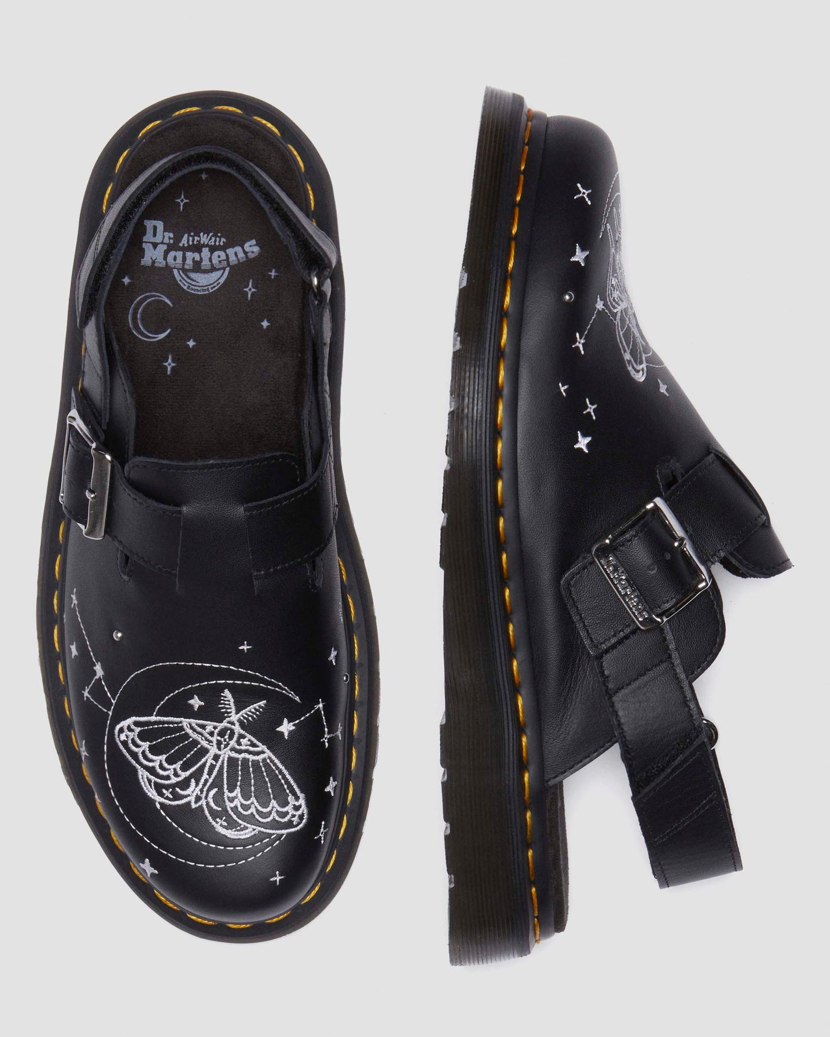 Mules en cuir Jorge II avec broderies de papillons célestes et motifs astraux